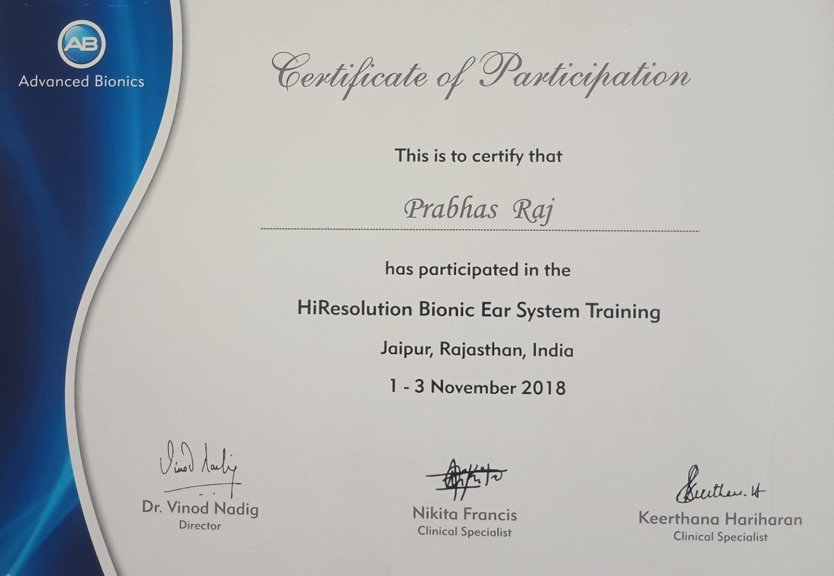 Advanced Bionics – HiResolution Bionic Ear System Training Certificate, Jaipur, November 2018