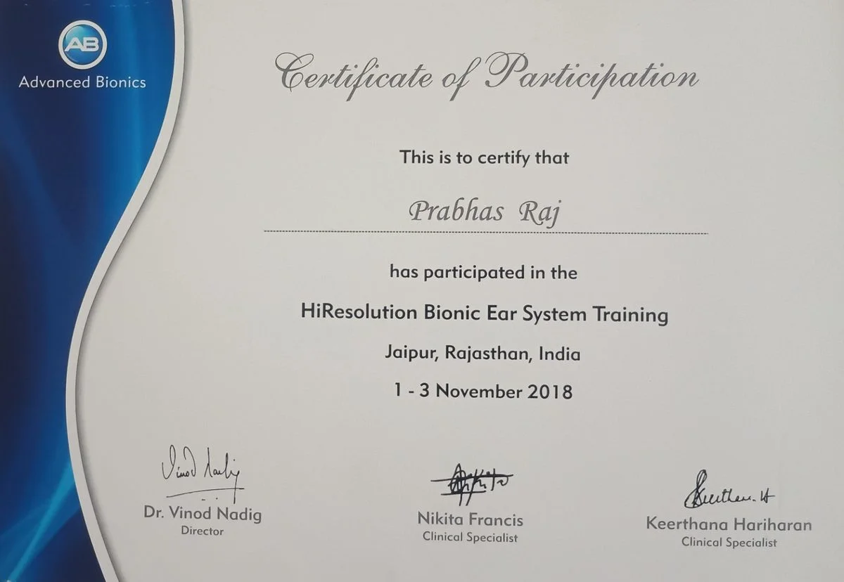 Advanced Bionics – HiResolution Bionic Ear System Training Certificate, Jaipur, November 2018