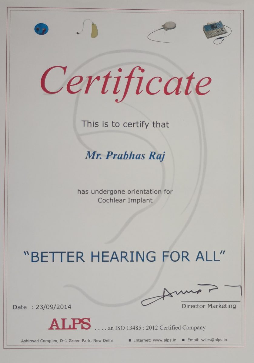 ALPS Cochlear Implant Orientation Certificate – Better Hearing for All, September 2014