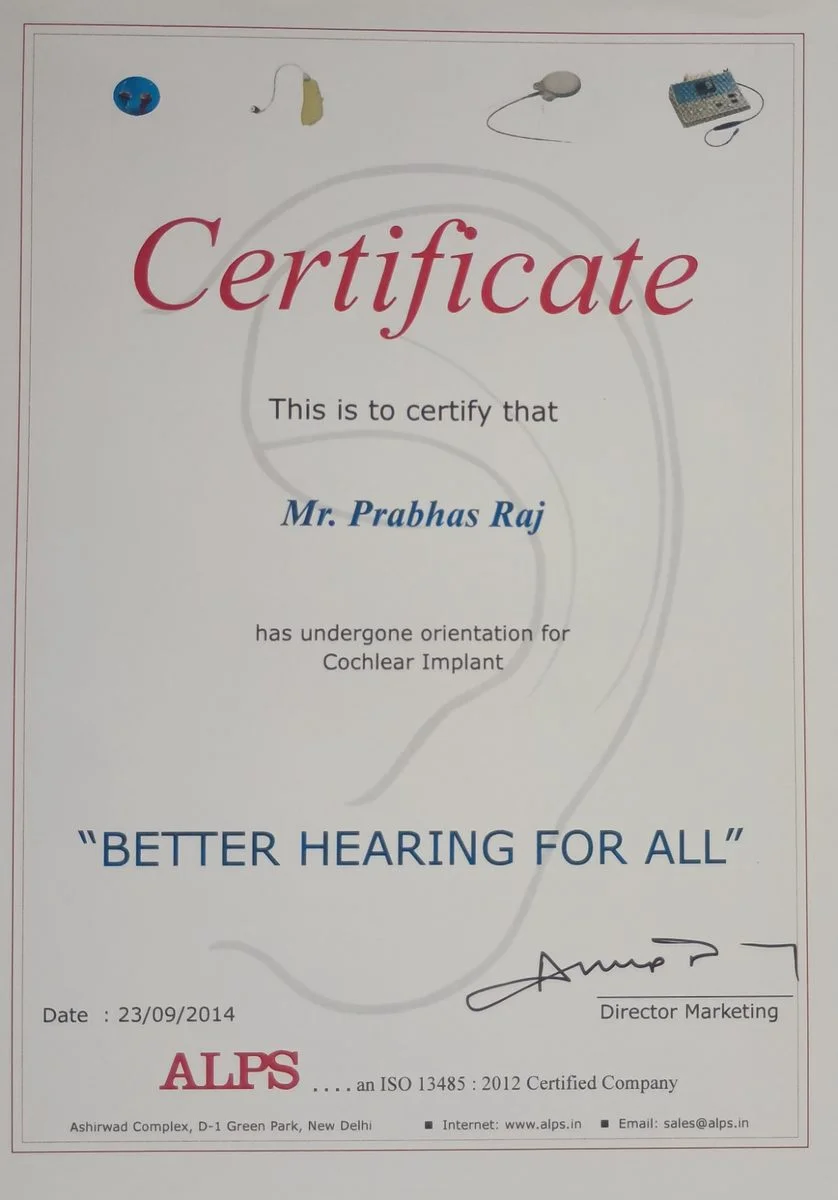ALPS Cochlear Implant Orientation Certificate – Better Hearing for All, September 2014