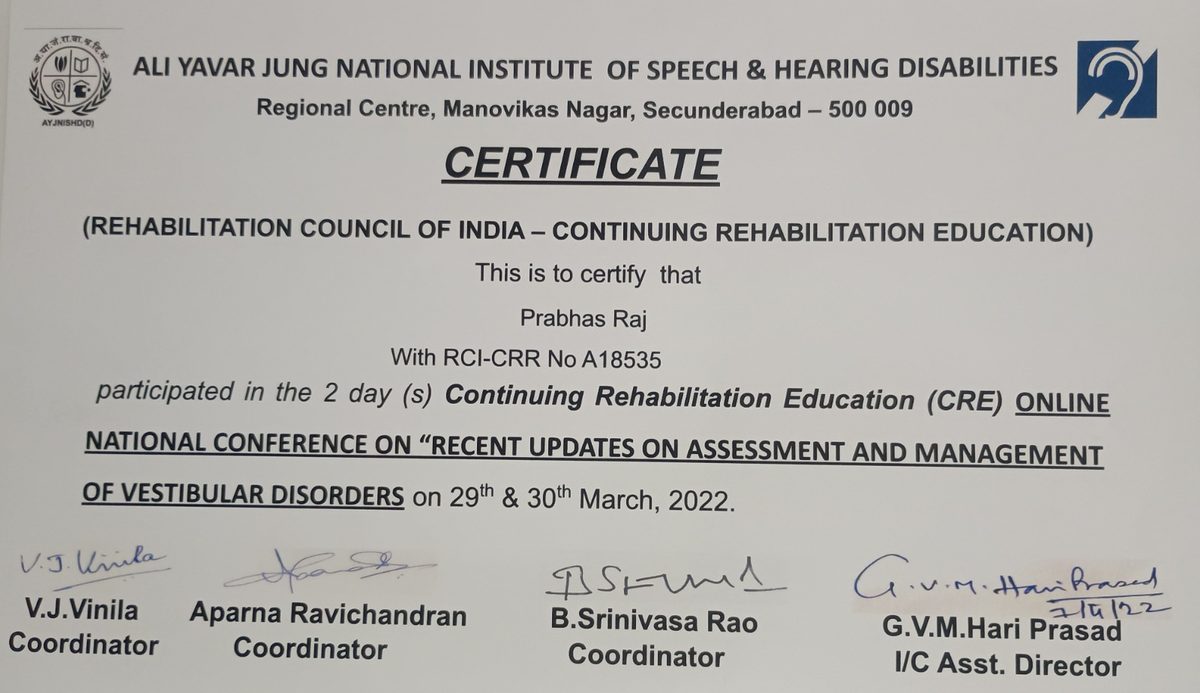 AYJNISHD – CRE Online National Conference on Recent Updates on Assessment and Management of Vestibular Disorders, March 2022