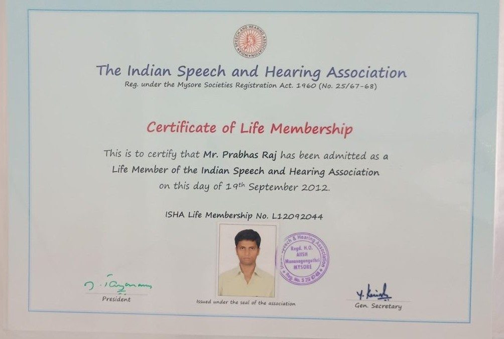 Indian Speech and Hearing Association – Certificate of Life Membership 2012