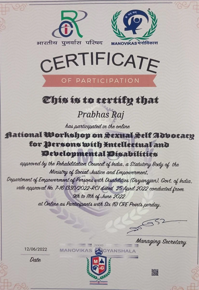 RCI / Manovikas Gyanshala Delhi – National Workshop on Sexual Self-Advocacy for Persons with Intellectual and Developmental Disabilities, June 2022
