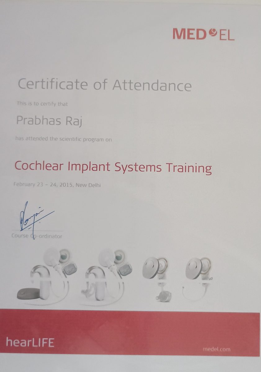 MED-EL Certificate of Attendance – Cochlear Implant Systems Training, New Delhi, February 2015
