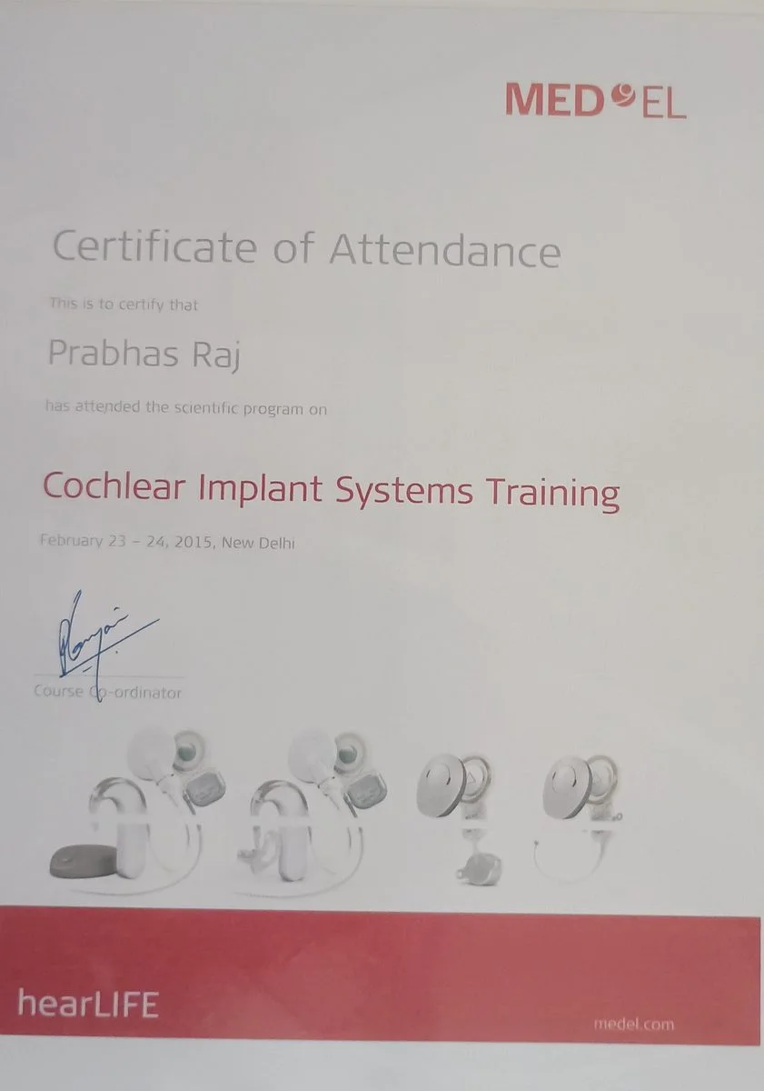 MED-EL Certificate of Attendance – Cochlear Implant Systems Training, New Delhi, February 2015
