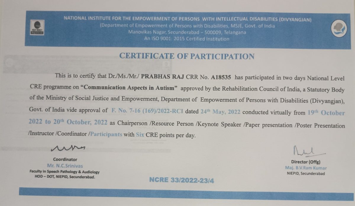 NIEPID – CRE on Communication Aspects in Autism, October 2022, RCI CRR No. A18535