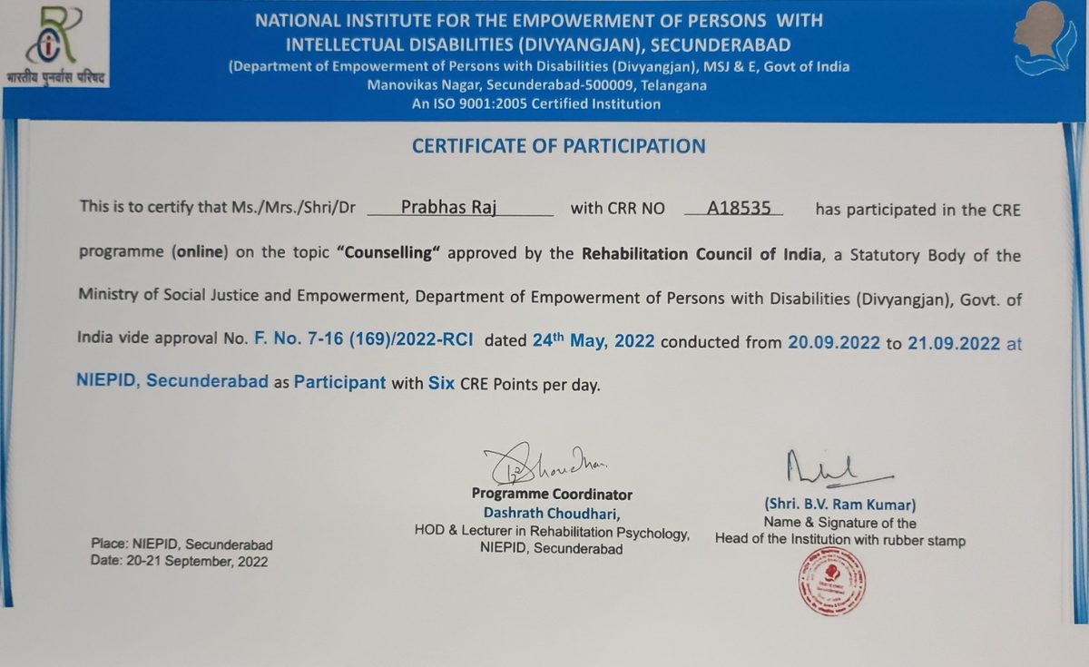 NIEPID Secunderabad – CRE on Counselling, September 2022, RCI CRR No. A18535
