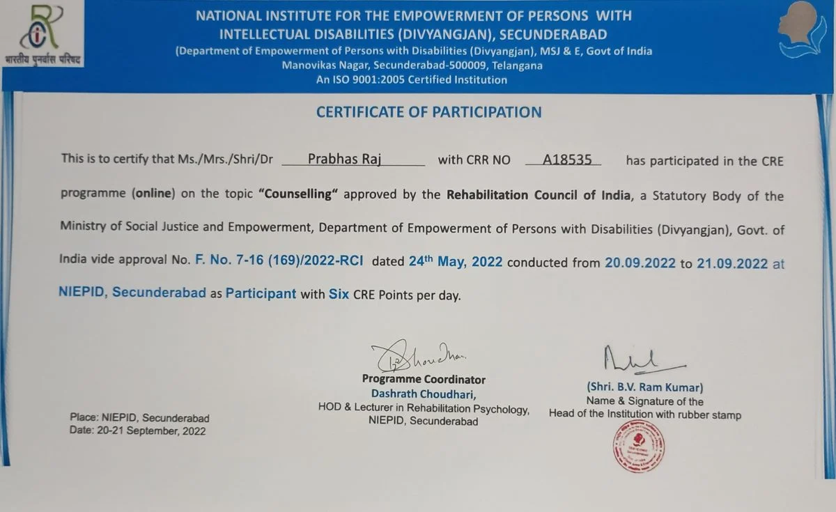 NIEPID Secunderabad – CRE on Counselling, September 2022, RCI CRR No. A18535