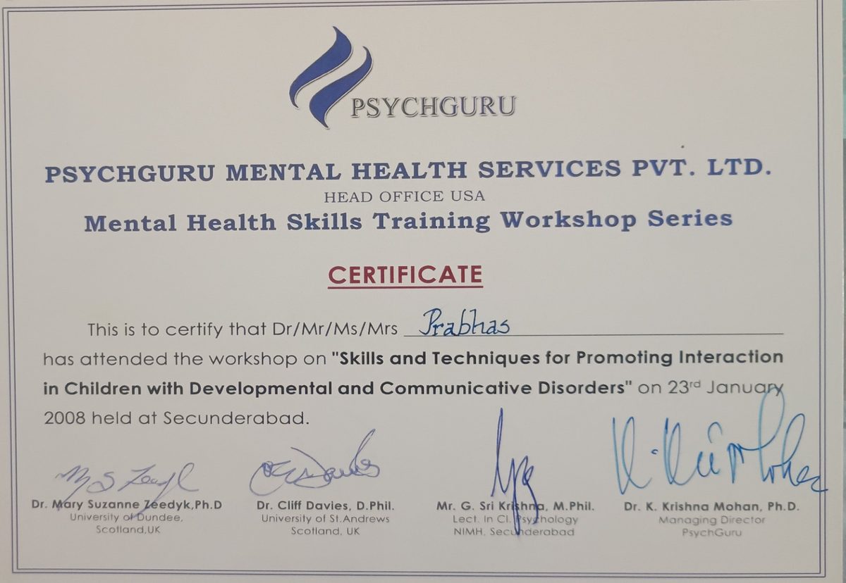 PsychGuru Mental Health Services – Skills for Promoting Interaction in Children with Developmental Disorders, Secunderabad, January 2008