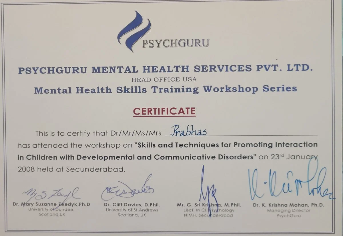 PsychGuru Mental Health Services – Skills for Promoting Interaction in Children with Developmental Disorders, Secunderabad, January 2008