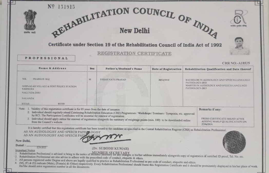 Rehabilitation Council of India Registration Certificate – Mr. Prabhas Raj, CRR No. A18535