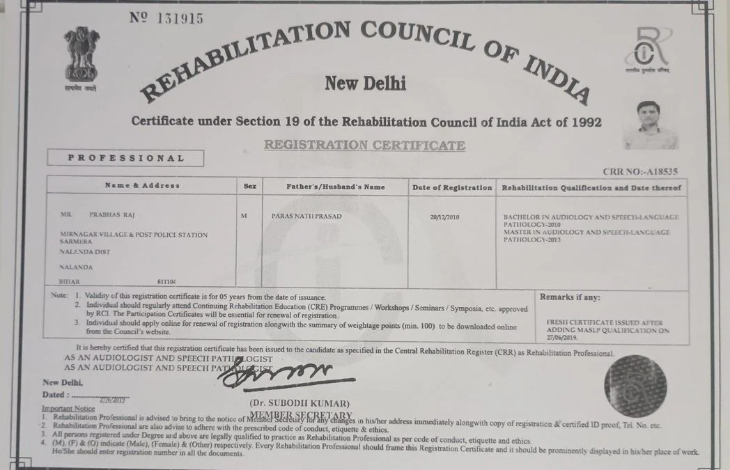 Rehabilitation Council of India – Professional Registration Certificate CRR No. A18535