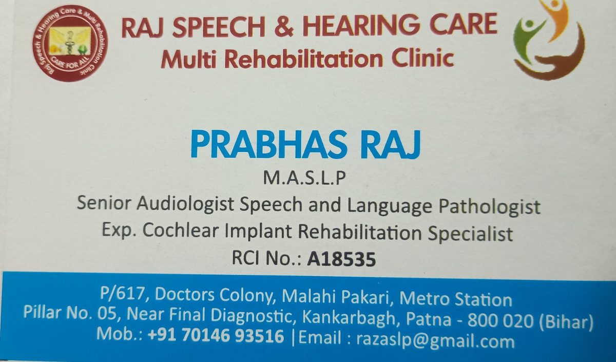 Raj Speech and Hearing Care clinic business card – Mr. Prabhas Raj, M.ASLP, Senior Audiologist, Kankarbagh Patna