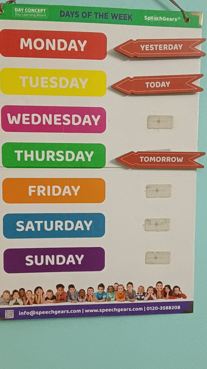 SpeechGears days-of-week learning board used in child speech therapy at Raj Speech and Hearing Care